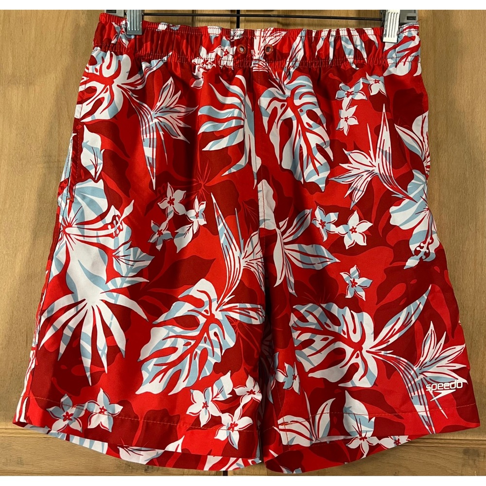 Speedo Swim Trunks Mens Medium Red Tropical Floral Monstera Leaf Board Shorts
